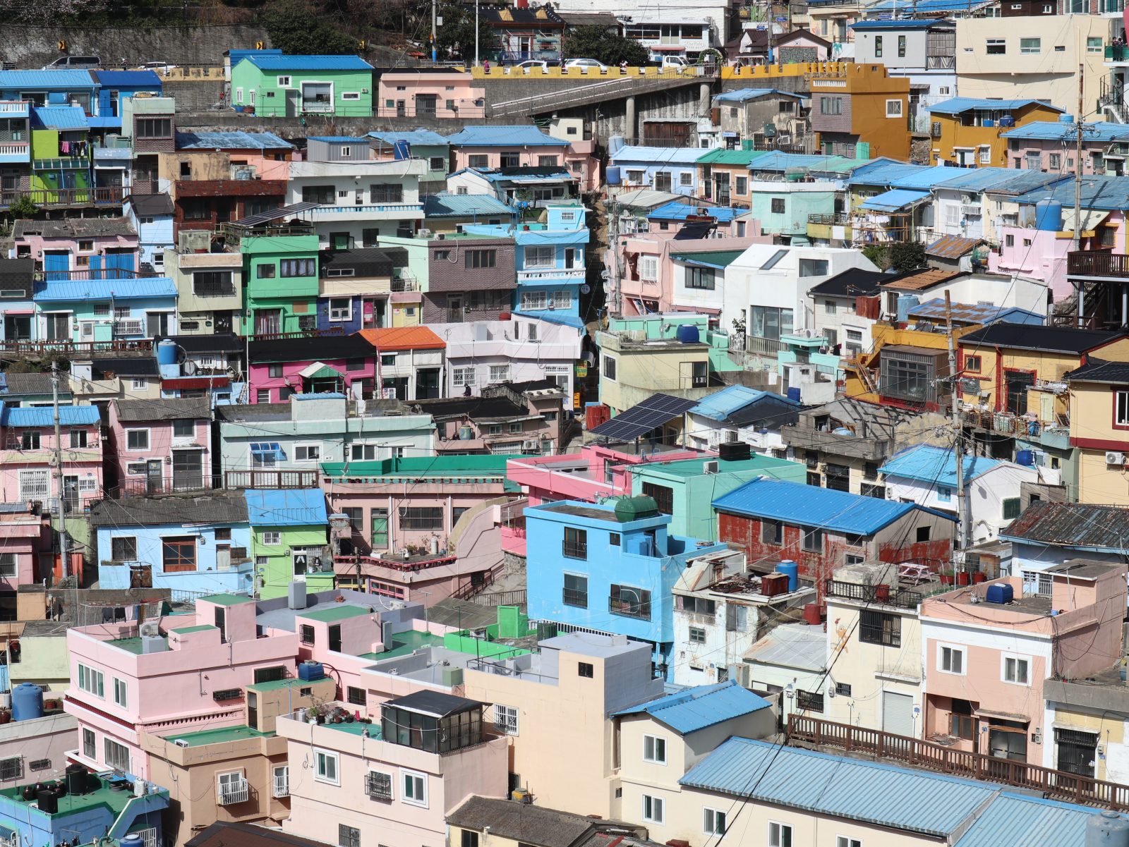 Densely packed pastel houses and narrow alleys in Gamcheon Culture Village