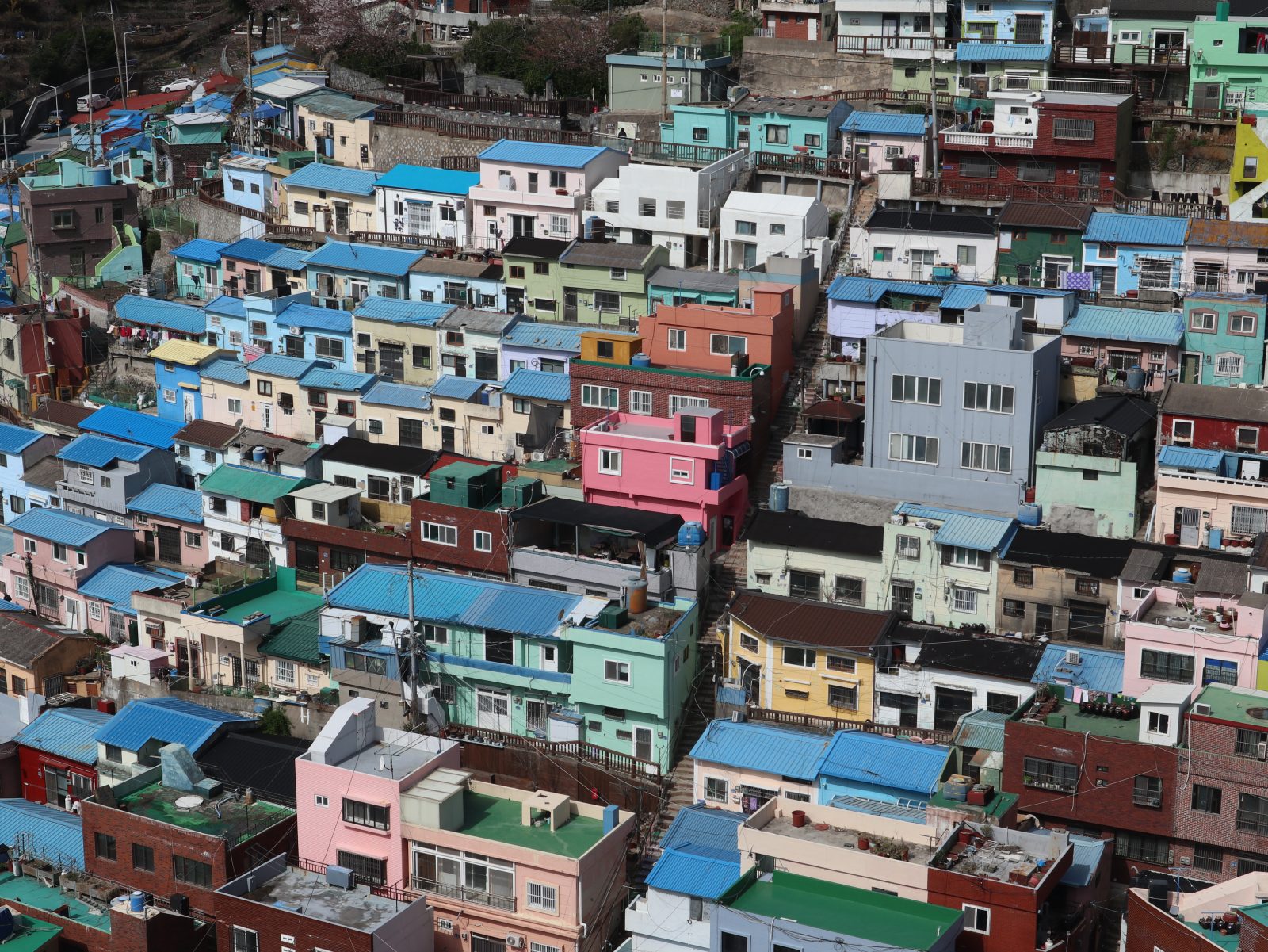 Steep staircase running between houses in Gamcheon Culture Village