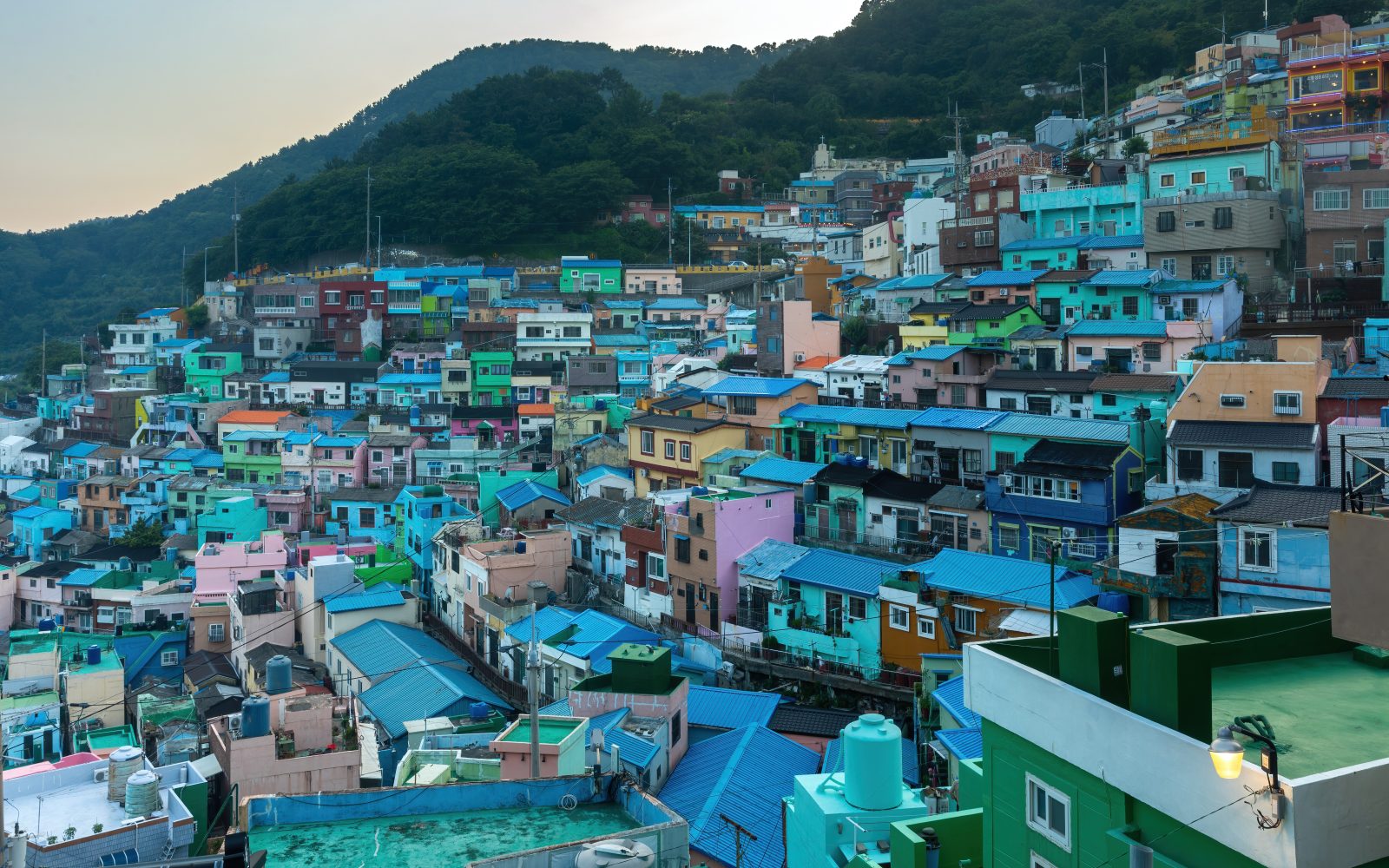 Colourful stacked houses of Gamcheon Culture Village in Busan at dusk